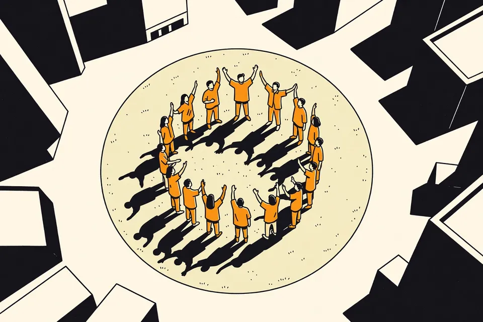An overhead view of a circular green lawn in a park surrounded by tall buildings. A group of stylized figures in flowing shirts stand in a circle, arms raised, with long shadows spreading outward like spokes.