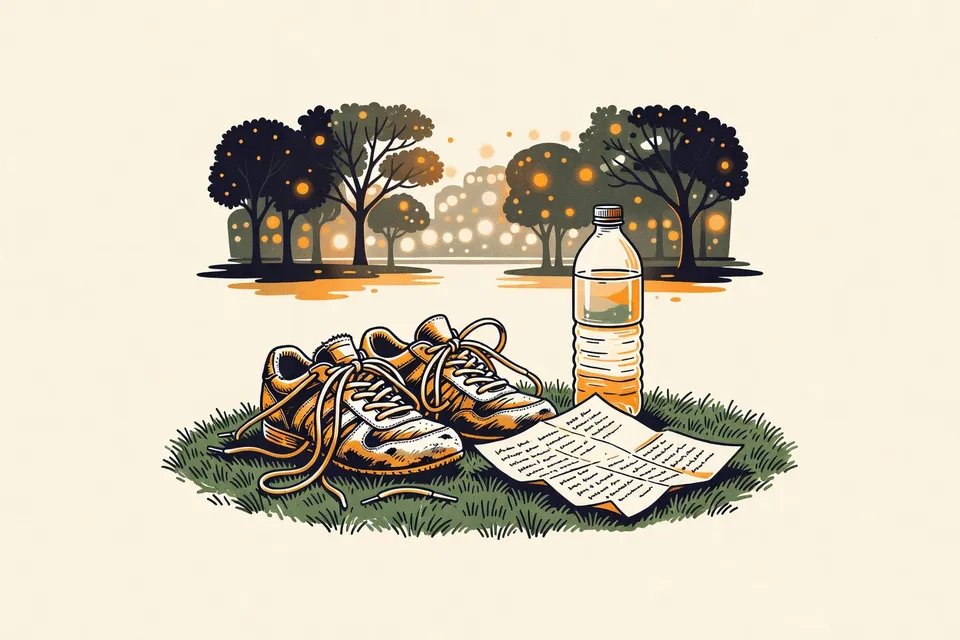 A still life of dance sneakers, choreography notes, and a water bottle on artificial grass, illuminated by city lights at night.