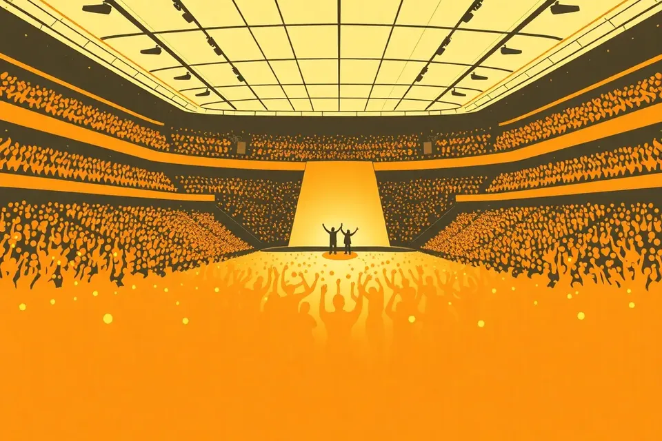 A wide shot of a large indoor arena filled with a crowd of tiny figures holding glowing lights. Two small figures stand on a distant stage with arms raised, illuminated by a warm glow.