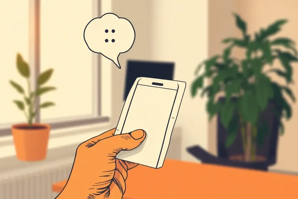 A person's hand holding a paper prototype with a thought bubble above, set in a bright co-working space with a window and plant.