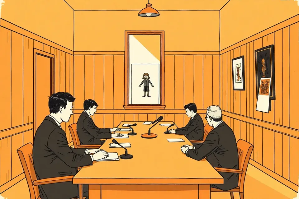 A quiet press briefing in a wood-paneled room, with a few suited figures at a table and a child's drawing on the wall.