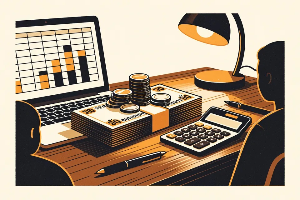 Close-up of a stack of Thai baht banknotes and coins on a wooden table, with a calculator and pen nearby, and a laptop showing a spreadsheet with charts.