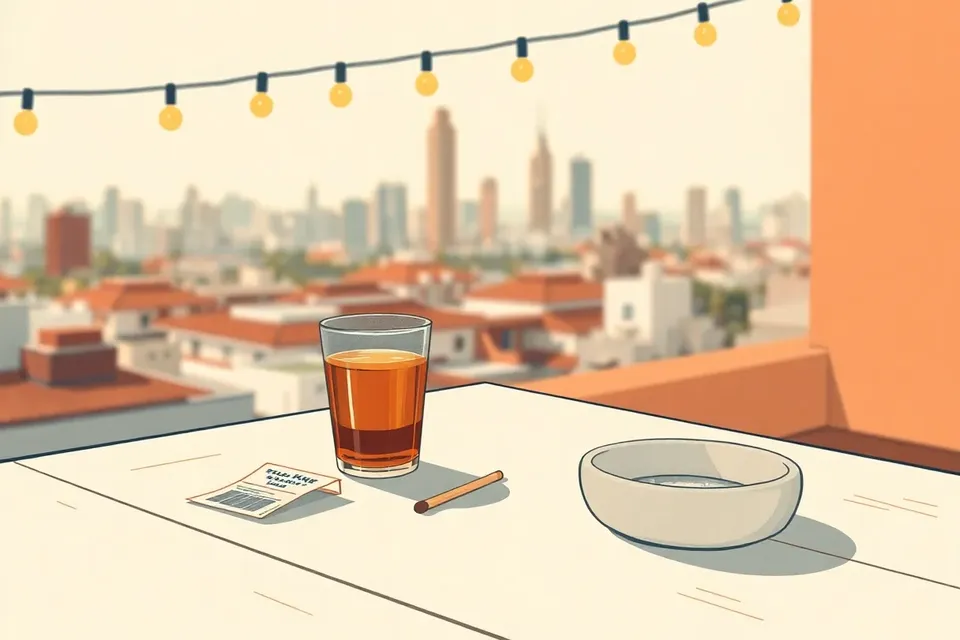 A still life arrangement on a rooftop table at dusk, with a glass of iced tea, a ticket stub, a matchstick, and an ashtray, set against a backdrop of glowing string lights and a city skyline.
