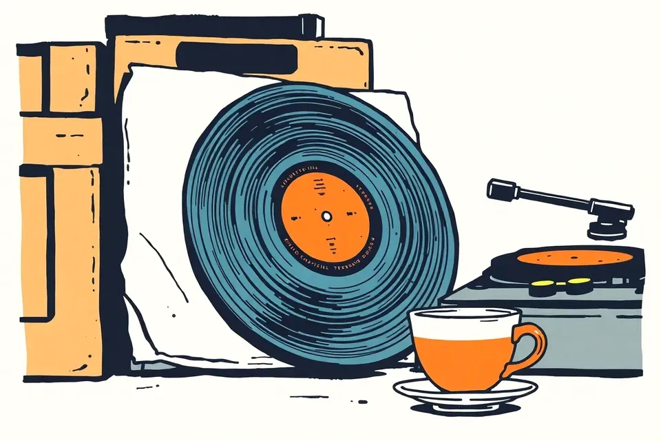 A still life of a vinyl record, turntable tonearm, and a chipped coffee cup on crates in a dimly lit cafe.