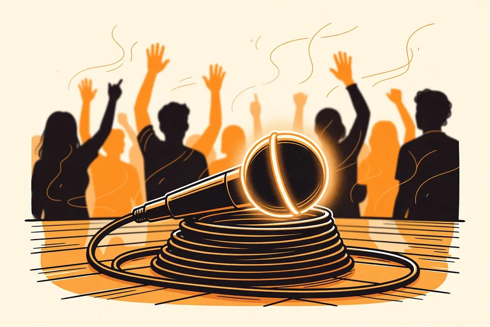 Close-up of a vintage microphone with a glowing orange ring on a wooden stage, with blurred silhouettes of audience members raising their hands in the background.