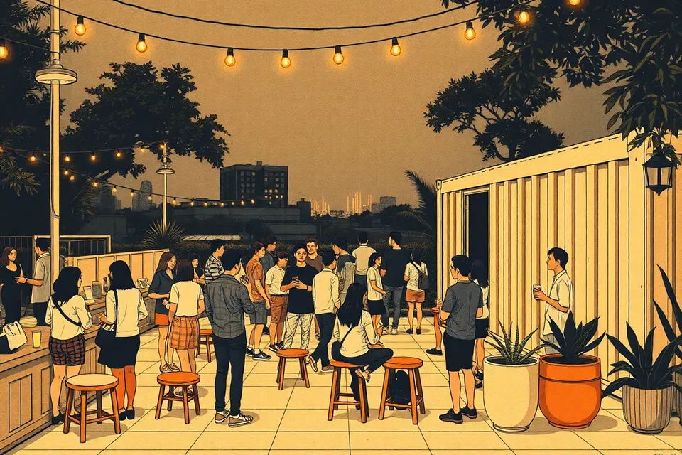 An evening community gathering in an urban courtyard, with small groups of people chatting under string lights, a shipping container bar, and a distant city skyline.