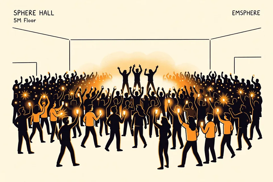 A wide shot of a concert venue with a crowd of silhouetted figures swaying under colorful lights. Three performers are silhouetted on stage, arms raised, while audience members hold up glowing phones.