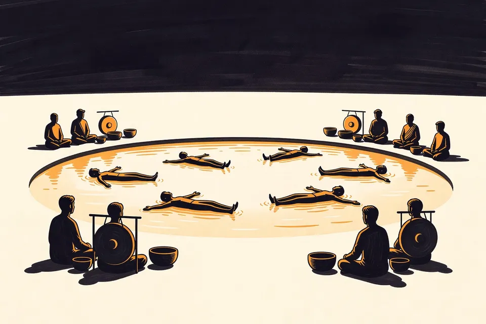A wide view of an outdoor pool at dusk, with several people floating peacefully on the water while musicians with gongs and bowls sit at the poolside.
