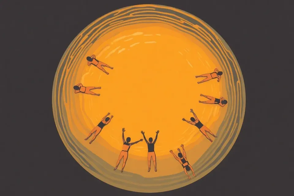 Top-down view of a circular pool at dusk with several people floating on their backs, arranged in a radial pattern. Ripples emanate from each person, creating a serene, abstract composition.