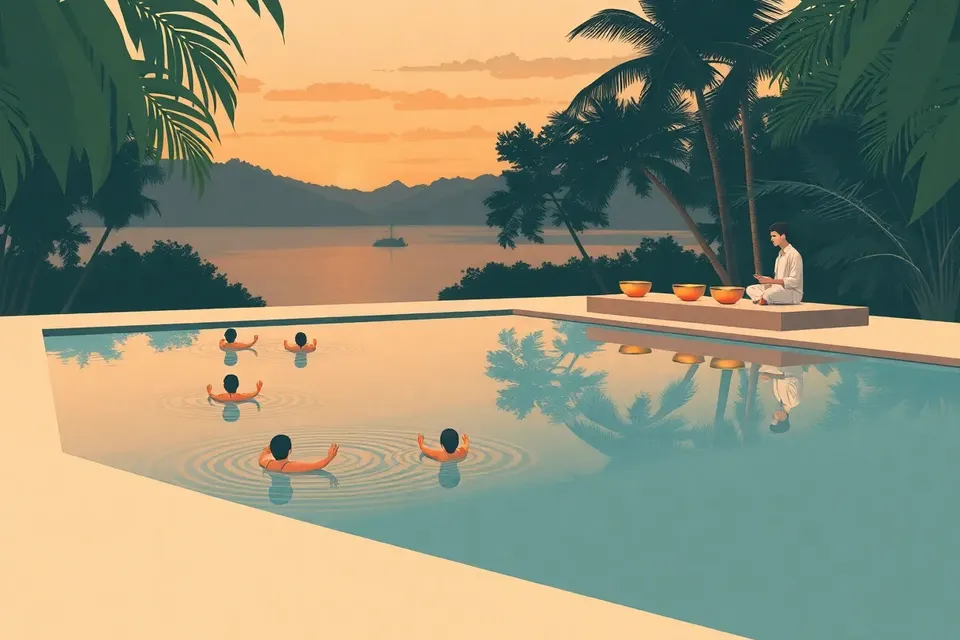 A wide view of a calm outdoor pool at twilight, with a few people floating peacefully on the water. A musician with singing bowls sits on a platform at the edge, surrounded by lush greenery.