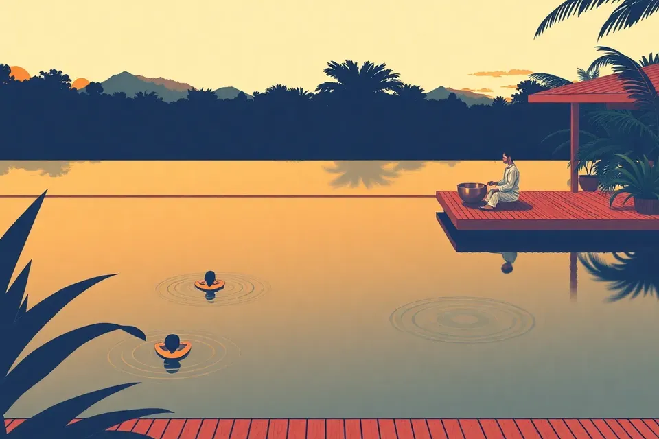 A tranquil outdoor pool at twilight, with a few people floating peacefully on the water. A musician with a singing bowl sits on a wooden deck, surrounded by lush greenery, creating a calm, restorative atmosphere.