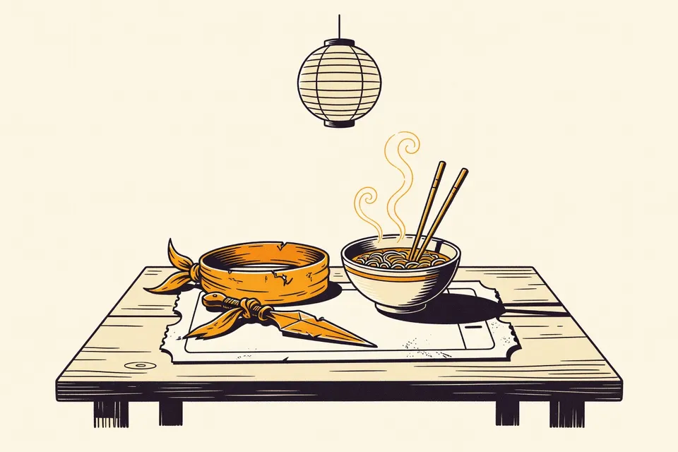 A still life with an orange headband wrapped around a kunai knife on a concert ticket, a chopstick in a ramen bowl, and a red paper lantern casting shadows.