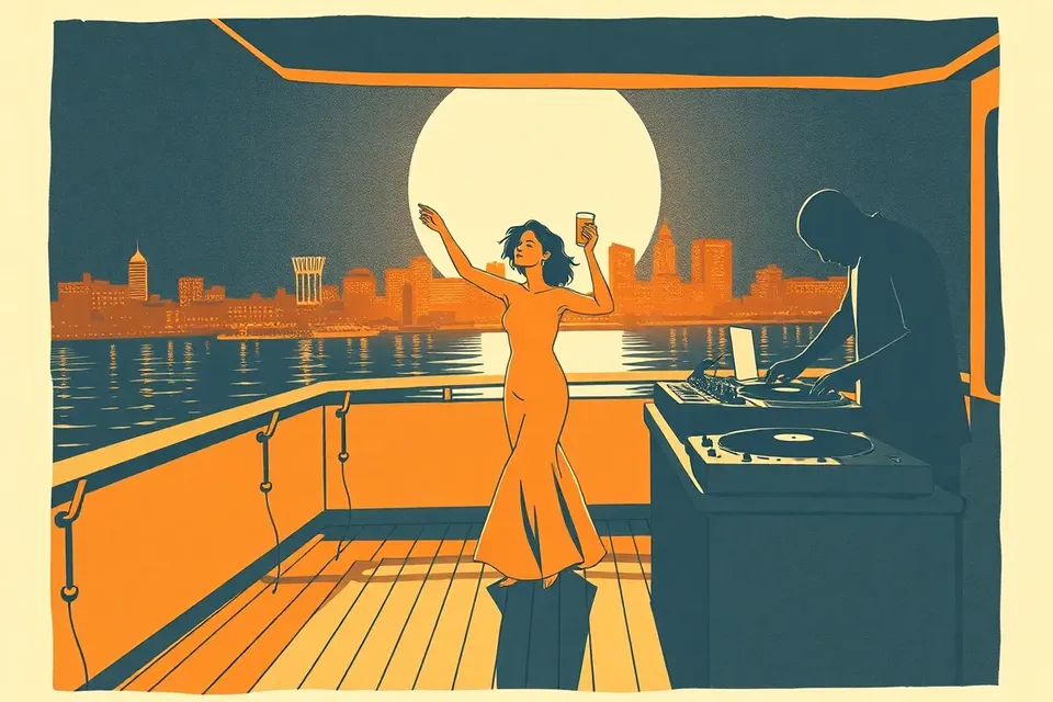 A stylized illustration of a person dancing on a boat deck at night, with a DJ silhouette in the background, evoking a house music party atmosphere.