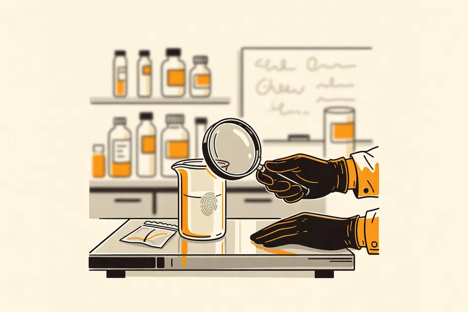 A close-up of a gloved hand using a magnifying glass to examine a fingerprint on a glass beaker in a forensic lab, with an evidence bag and chemical bottles in the background.