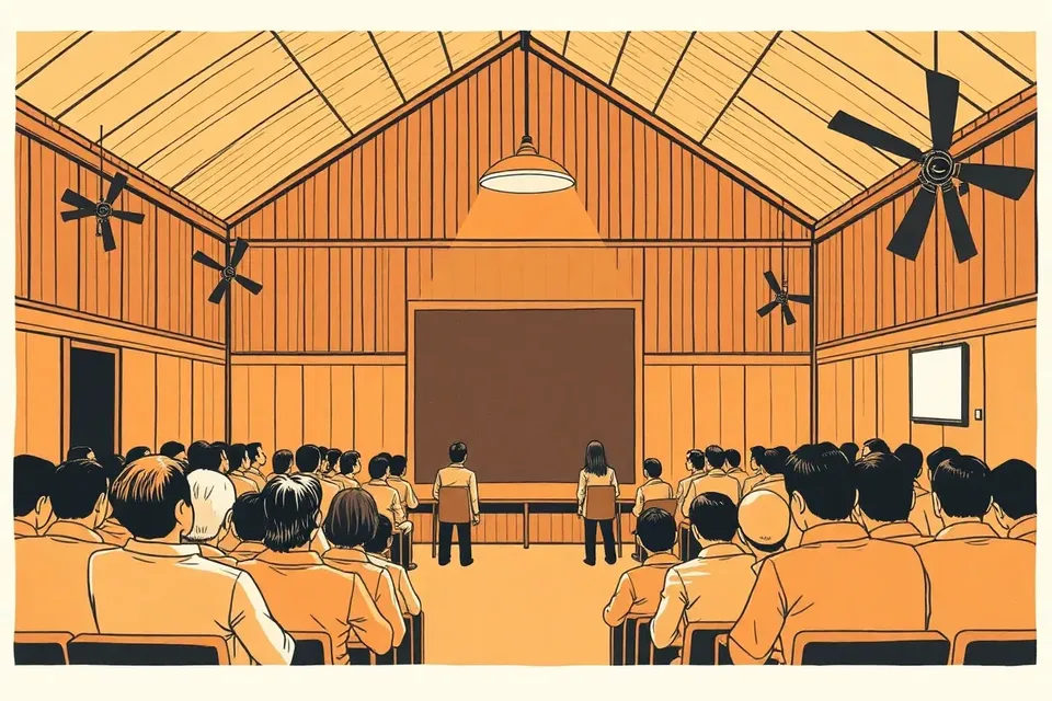 A wide view of a wood-paneled hall with four groups of people on a stage facing each other, an empty center stage lit by a single lamp, and an audience in shadowed rows.