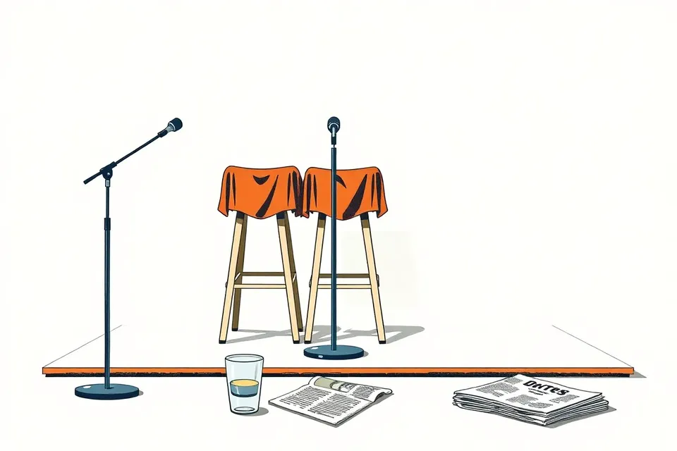 Illustration of four stools with colored cloths, a microphone, a glass of water, and a newspaper on a stage, evoking a political debate setting.