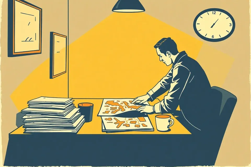 Two people discuss a map at a table in a dimly lit room, with papers and a coffee cup nearby.