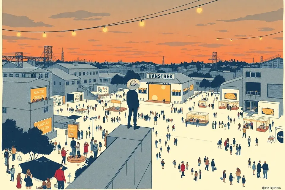 A wide view of an industrial creative park at dusk, with small figures scattered among warehouses, art installations, and food stalls, a stage set up in the center, and string lights beginning to glow.