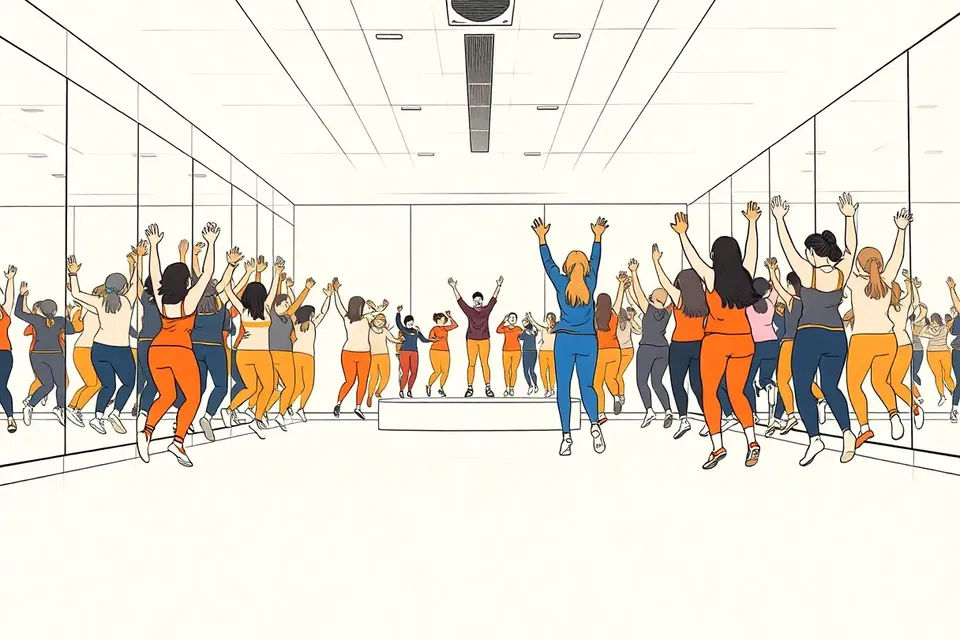 A wide view of an indoor activity space with mirrored walls, showing a group of people in colorful 80s workout gear jumping in unison, led by an instructor on a small stage.