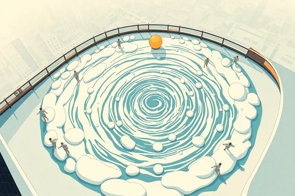An overhead illustration of a rooftop foam party, with white foam swirls and dancing figures in white, set against a hazy city backdrop.