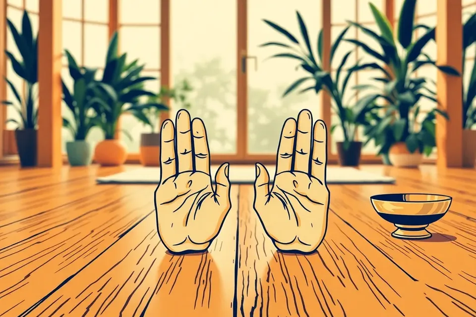 Close-up of hands on a wooden floor in a tranquil sanctuary, with a brass bowl nearby, evoking a handstand workshop.