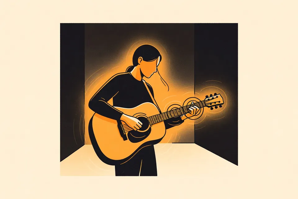 A silhouette of a guitarist on stage, bathed in blue light, playing a guitar with a focused expression. The background is dark, emphasizing the moody atmosphere of the live music venue.