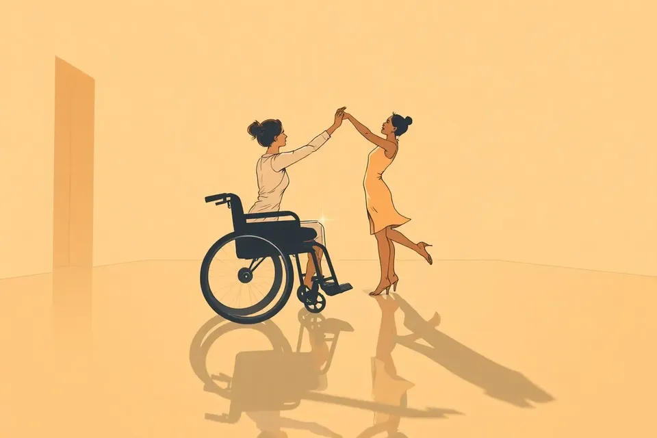 Two stylized dancers, one in a wheelchair and one standing, reach toward each other in a poised, intimate moment inside a modern, open venue with polished floors and soft lighting.
