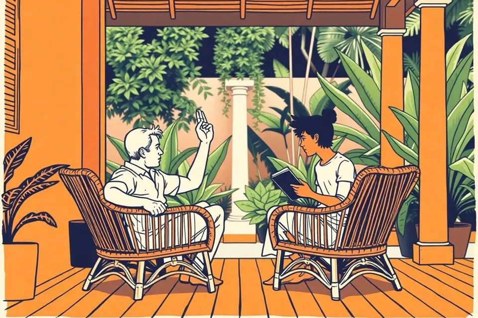 Two people in conversation on a veranda surrounded by tropical plants, one gesturing, the other taking notes, with a colonial column in the background.