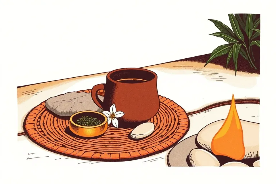 A still life arrangement with a clay cup of cacao, a brass bowl with smoking herbs, a white flower, a smooth stone, and a small fire pit with glowing embers, set on a woven mat with tropical foliage in the background.