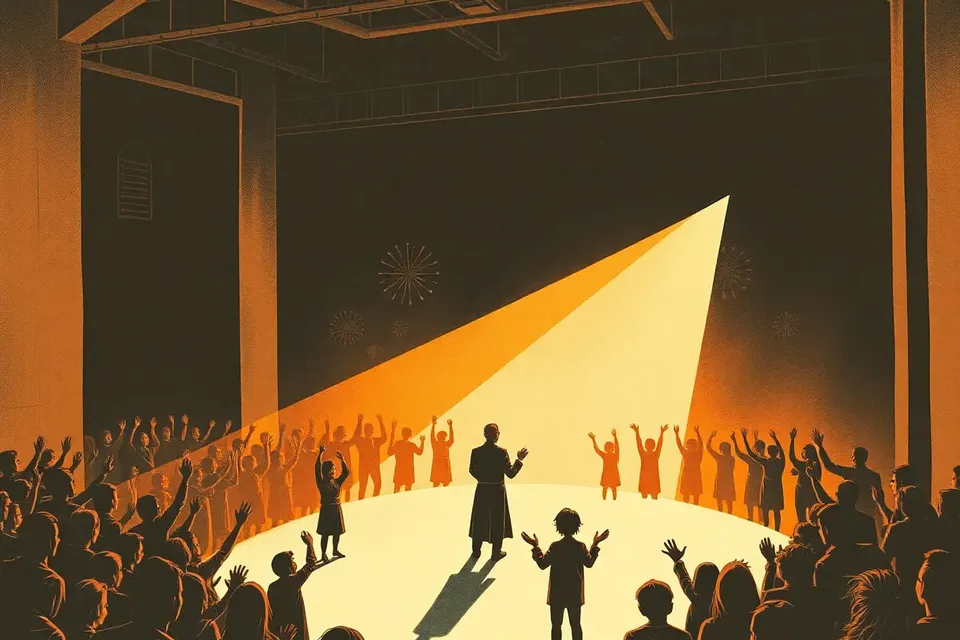 A wide shot of a dark concert hall with a lone performer on a spotlighted stage, surrounded by a crowd of silhouetted figures with raised arms, as bursts of light resembling fireworks illuminate the scene.