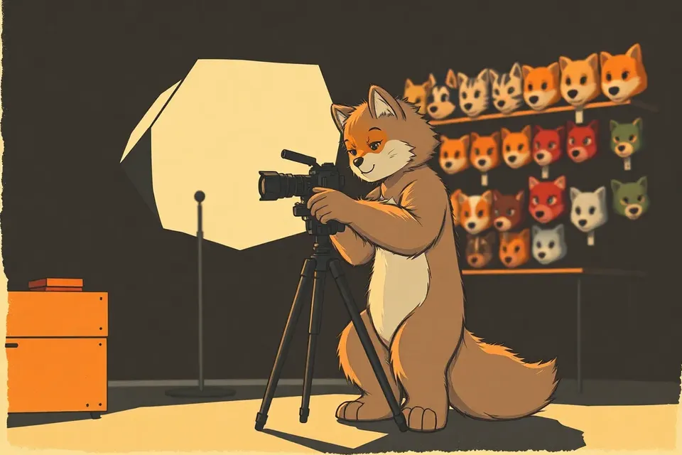 An illustration of a person in a furry costume adjusting a camera on a tripod in a dim studio, with softbox lighting and a blurred rack of fursuit heads behind them.