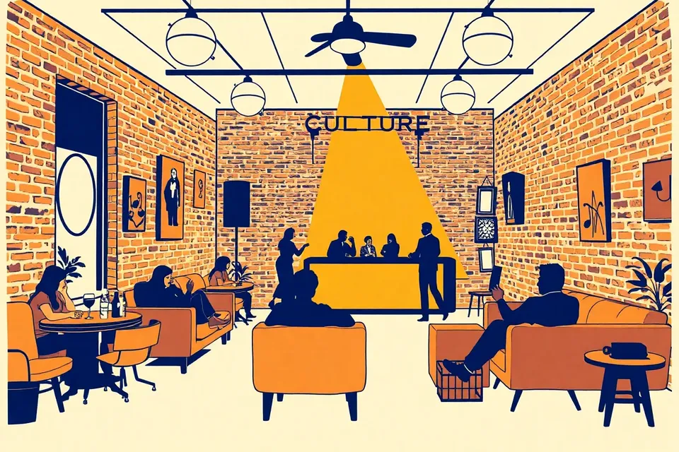 A wide view of a dimly lit cafe with exposed brick walls, a DJ booth glowing at the back, and silhouetted figures dancing and lounging on sofas.