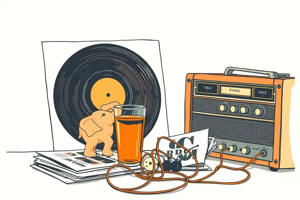 A still life illustration of a vinyl record, a wooden elephant statue, a glass of iced tea, and a tangled headphone cord on a table, evoking a night of house and techno music at a local Bangkok cafe.