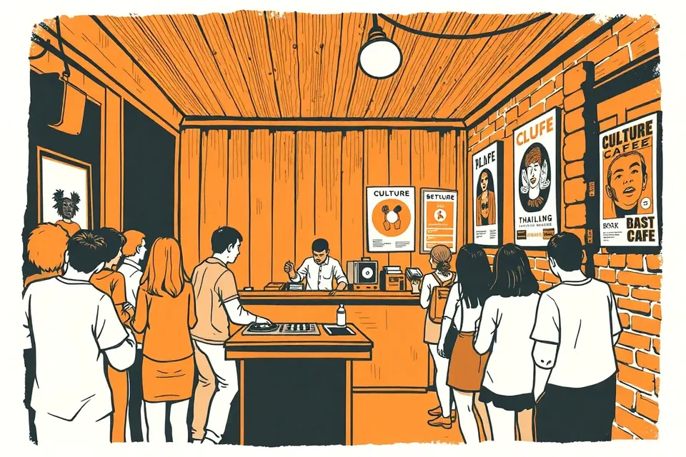 A dimly lit cafe interior with a small crowd dancing near a DJ setup, warm light from a bulb, exposed brick walls, and vintage Thai film posters in the background.