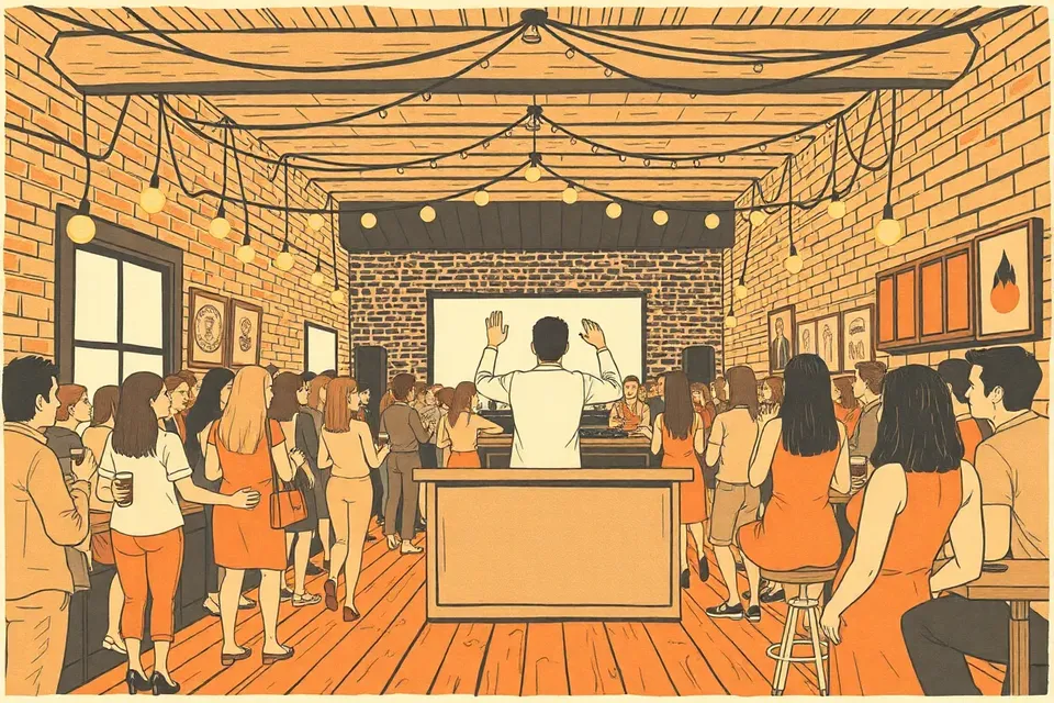 A dimly lit cafe with brick walls, a DJ silhouette at a console, warm string lights overhead, and a small crowd dancing and leaning at the bar.