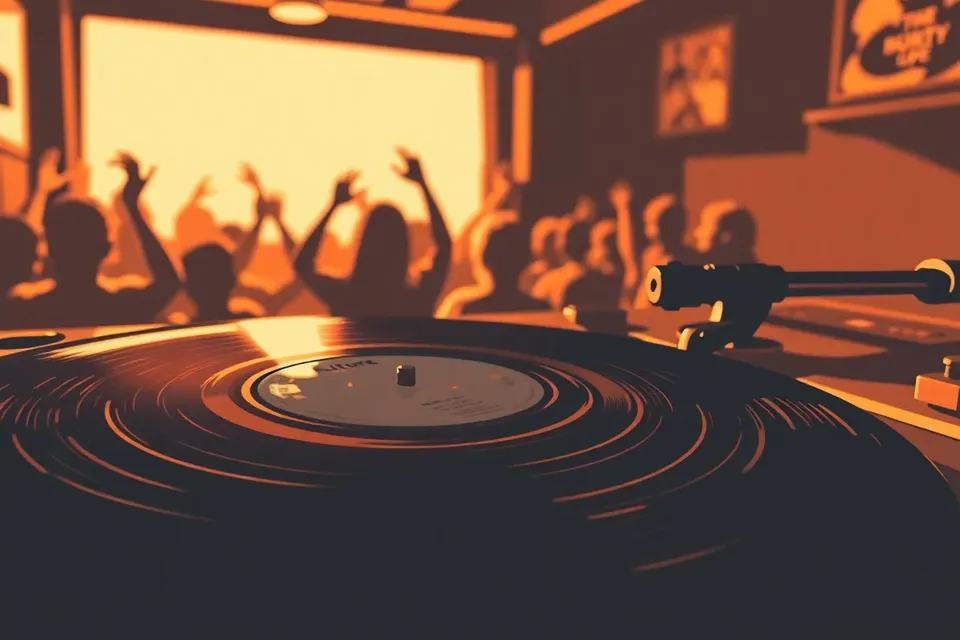 Close-up of a vinyl record on a turntable in a dimly lit cafe, with blurred silhouettes of a dancing crowd in the background.