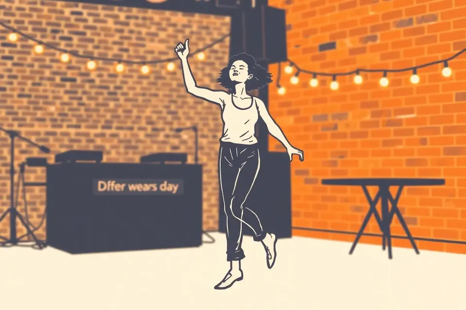 A stylized illustration of a dancer moving to house music in a cozy cafe, with a DJ booth and string lights in the background.