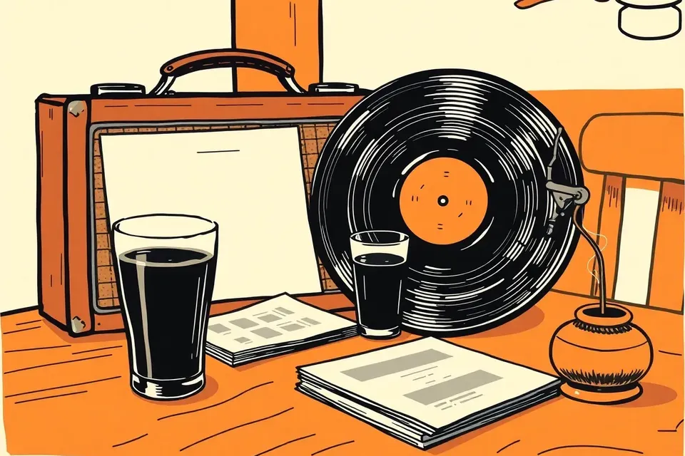 A still life of a vinyl record, amplifier, beer glass, flyers, and burning incense on a cafe table, evoking a house and techno night at a Bangkok cafe.