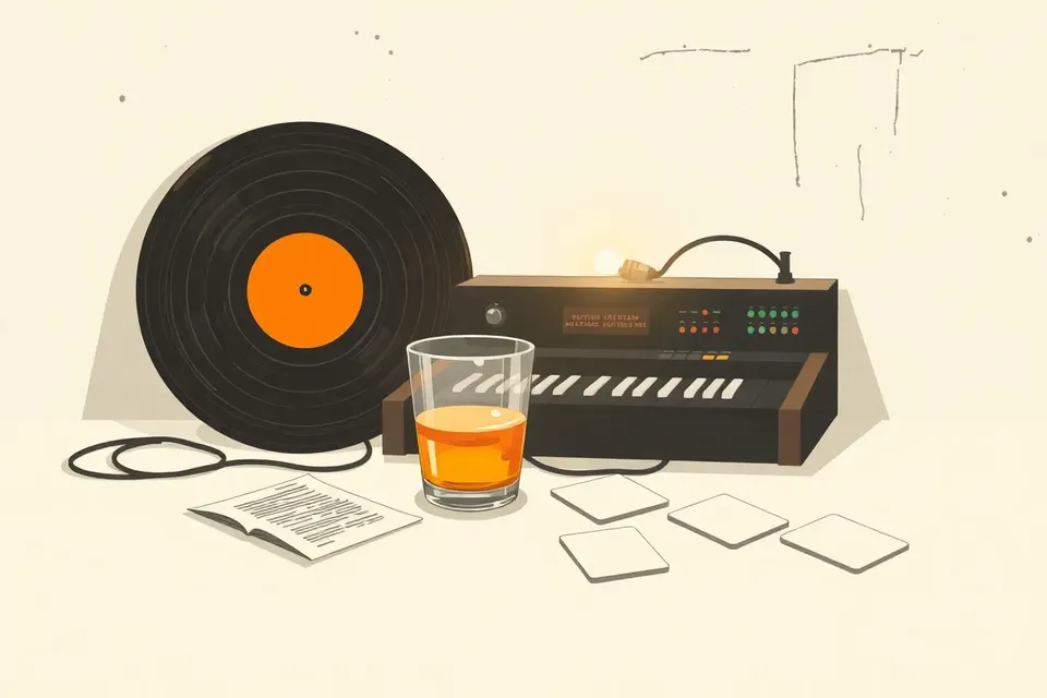 A still life arrangement on a concrete floor: a vinyl record, a vintage synthesizer with coiled cables, a glass of amber liquid, a crumpled set list, and a scattered deck of blank cards, all under a single dim light.