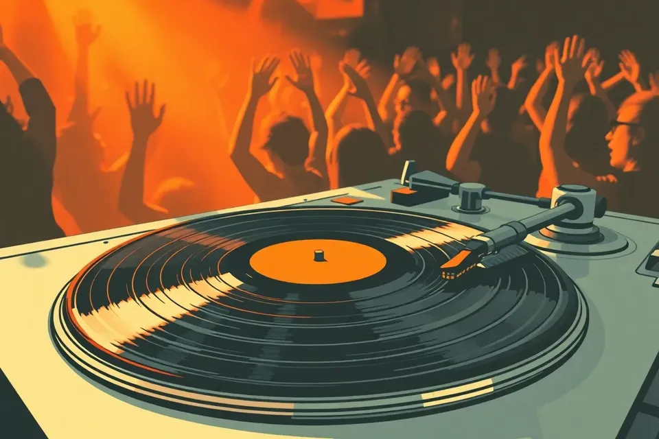 A close-up of a vinyl record on a turntable in a dark club, with blurred silhouettes of dancing crowd in the background.