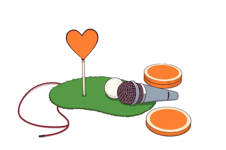 A miniature putting green with a heart-shaped golf tee and a golf ball beside it. A karaoke microphone rests nearby with its cord curling, and two stacked coasters are at the edge.