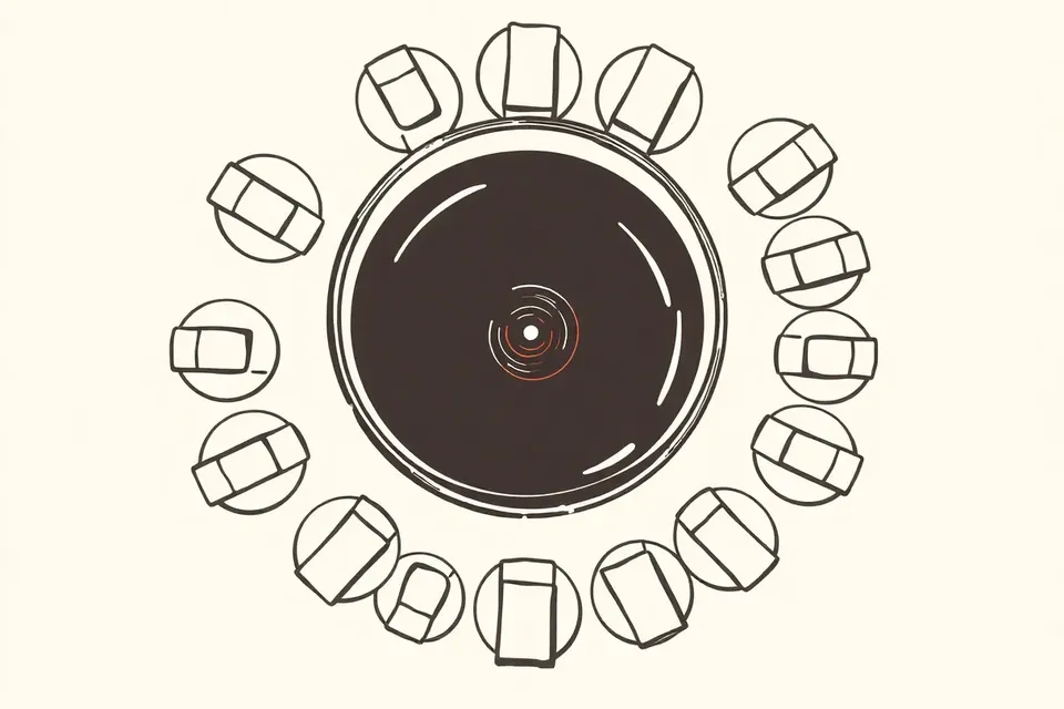 An overhead view of a wine glass surrounded by a circular arrangement of small plates and napkins, creating a symmetrical pattern.