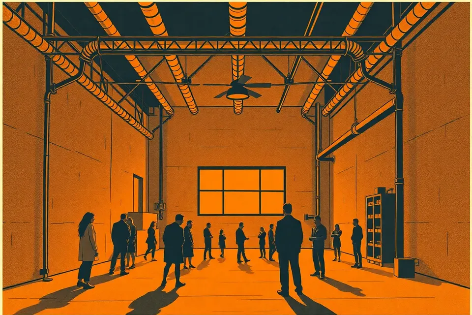 A wide shot of a dark, industrial loft with concrete walls and pipes, lit by warm amber light. A few small figures are scattered across the space, some moving gently, others standing still, creating a sense of intimate, heavy atmosphere.