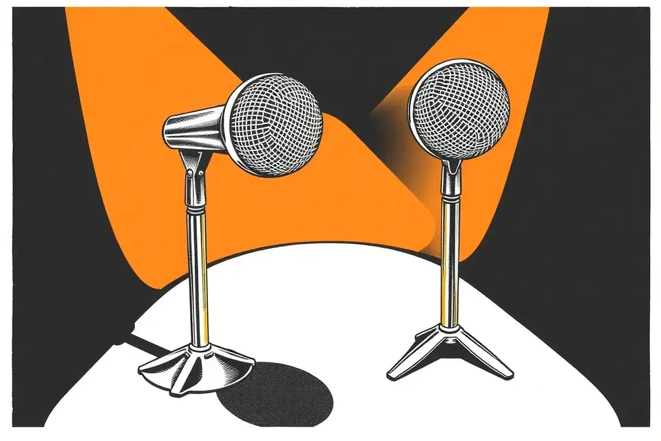 Close-up of two microphone stands facing each other on a dark stage, with chrome necks and grilles reflecting stage lights.
