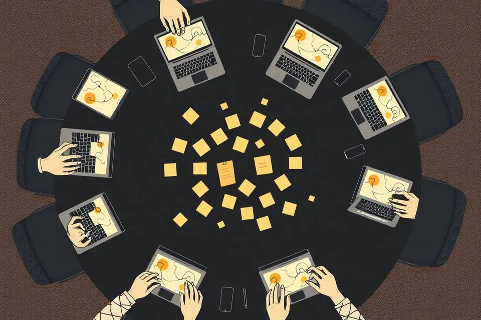 An overhead view of a conference table with laptops showing abstract AI-generated patterns, hands typing, and sticky notes arranged in a network.