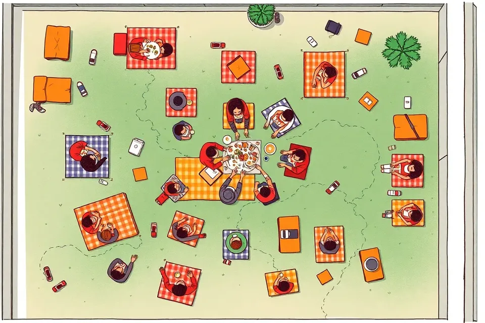 An overhead illustration of a rooftop gathering, with colorful blankets and cushions forming a mosaic pattern, people in small groups sharing food, and a central circle of hands reaching toward a platter.