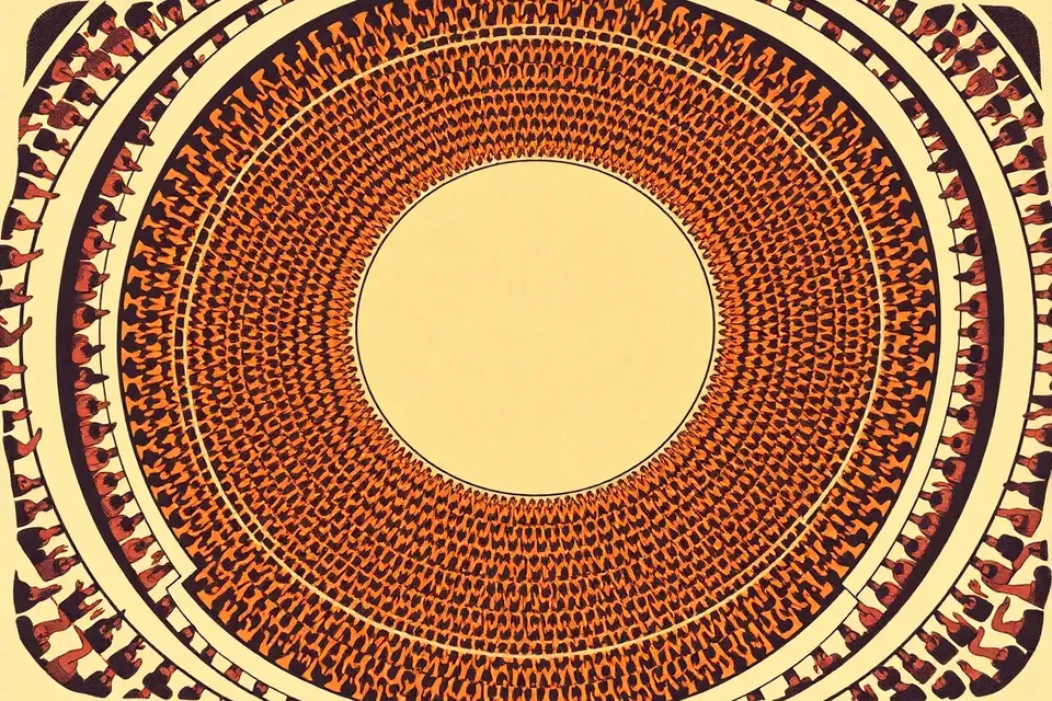 Overhead view of a large arena with a central circular stage surrounded by a dense crowd of small figures, many with raised arms and glowing wristbands. Tiered seating in oval shape around the periphery, with clusters of standing people in aisles.