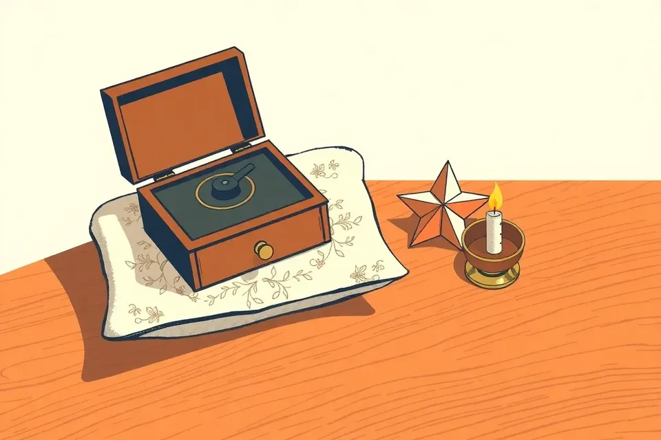 A still life arrangement on a polished teakwood surface: a vintage music box with a brass hand-crank on a silk cushion with floral embroidery, a single origami star made from sheet music, and an unlit candle in a brass holder.