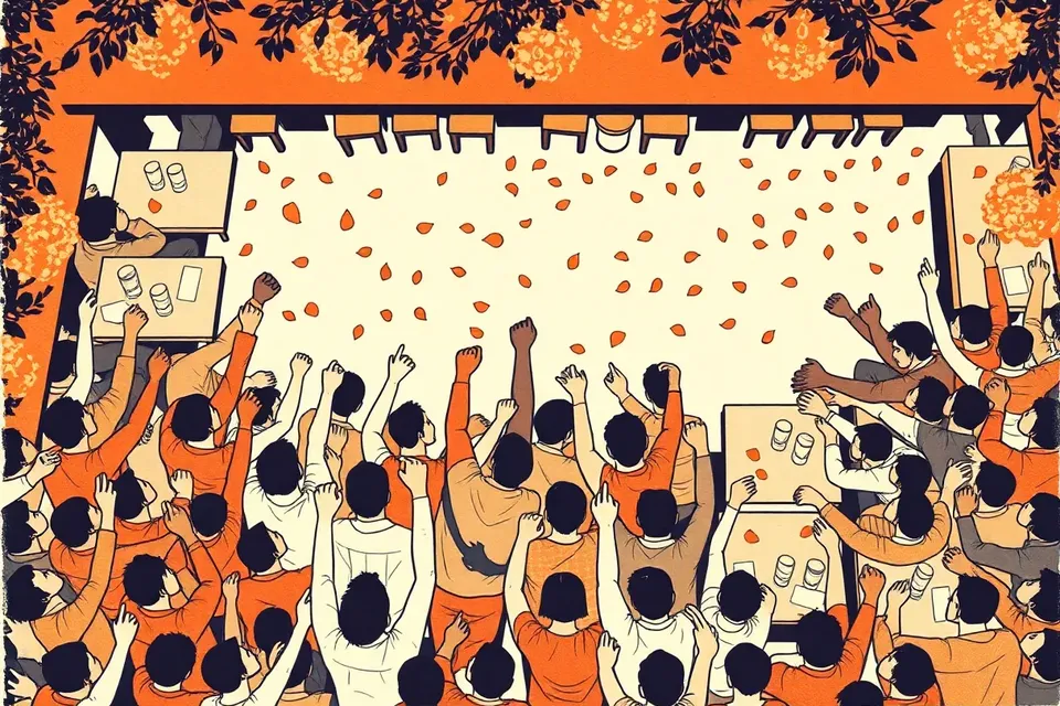 An overhead illustration of a crowded garden bar with anonymous figures raising fists and shouting, surrounded by scattered glasses and petals, creating a dynamic pattern of rebellion.