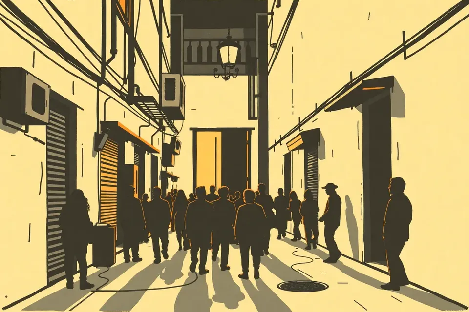 A wide scene of a dark alley in Bangkok with a lit doorway and small silhouetted figures approaching, suggesting a nightlife event.